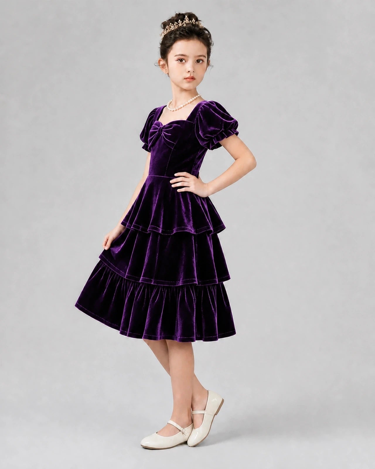 Purple velvet tiered-skirt tiered-skirt Girls Formal Dresses Side View