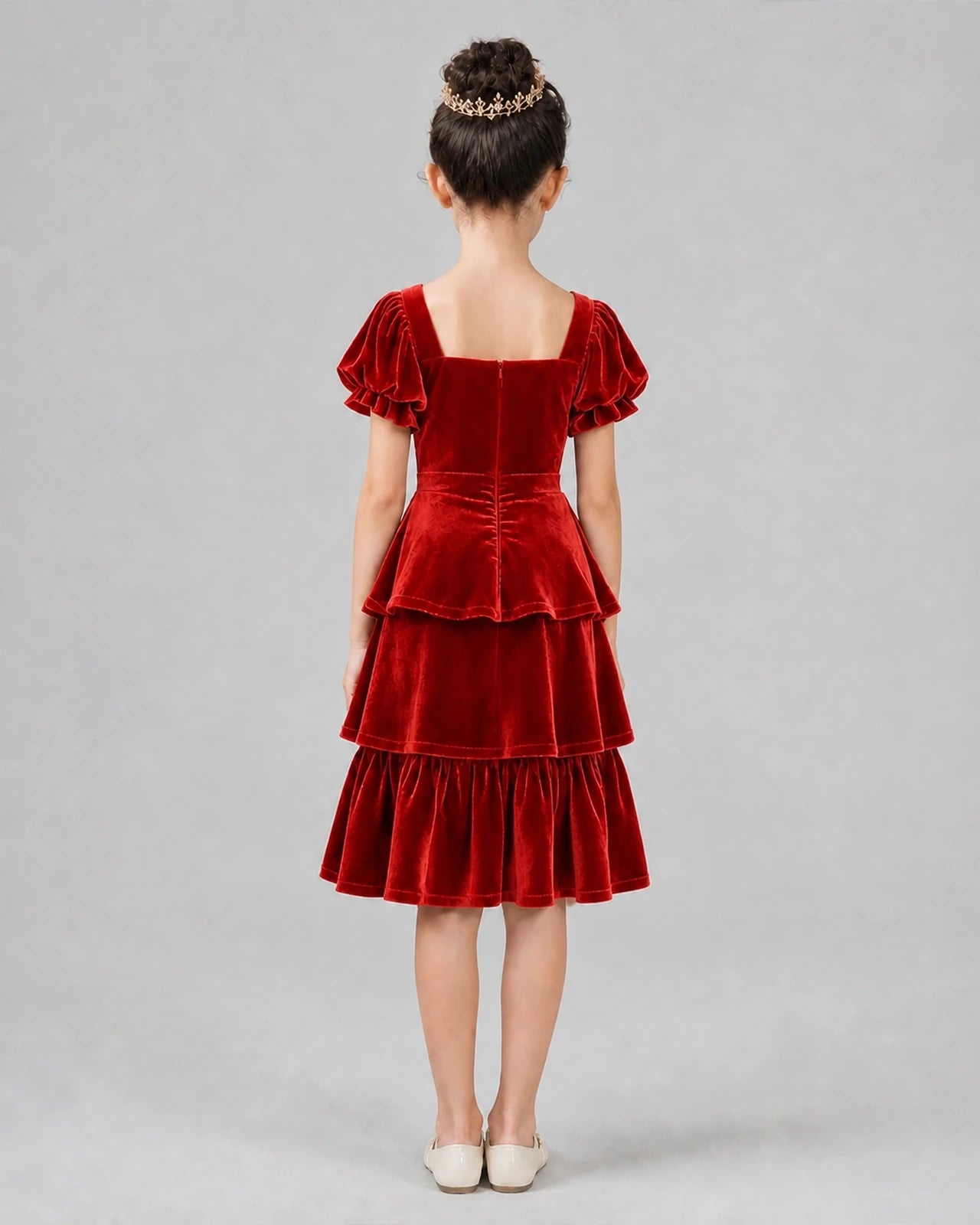 Red velvet tiered ruffle-hem A-line girls formal dresses Back View
