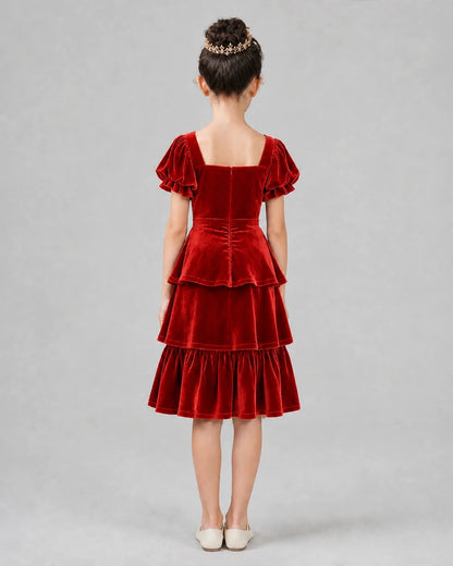 Red velvet tiered ruffle-hem A-line girls formal dresses Back View