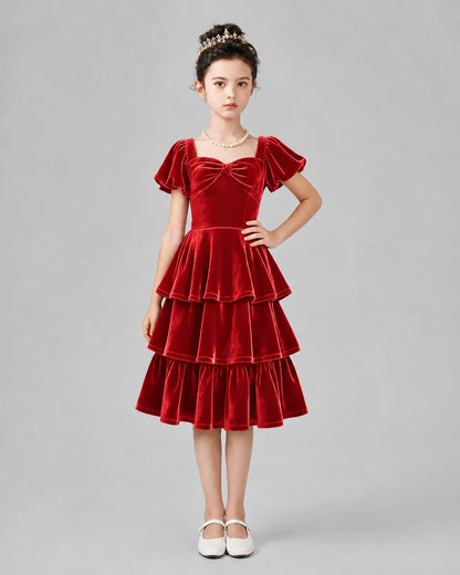 Red velvet tiered tiered-skirt girls formal dresses Front View