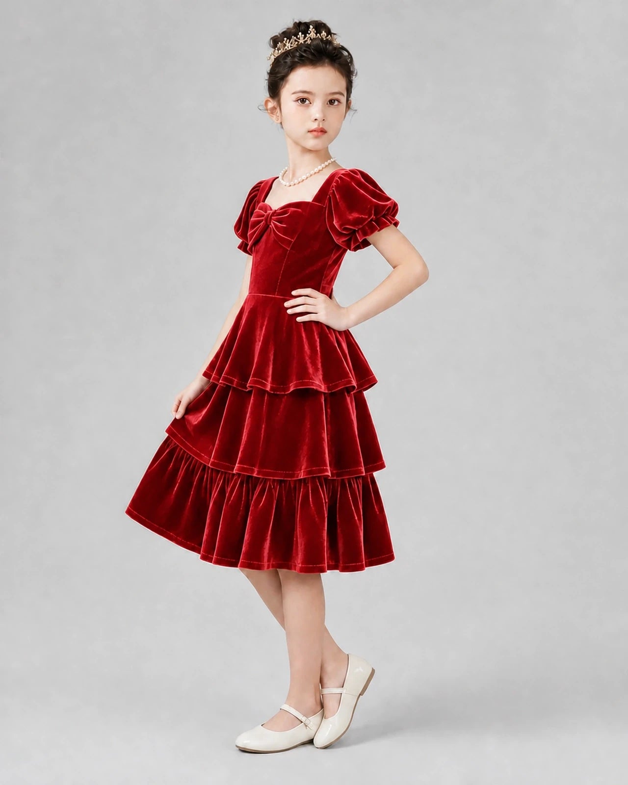 Red Velvet Tiered A-Line Girls Formal Dresses Side View