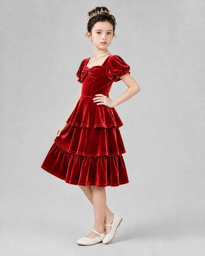 Red Velvet Tiered A-Line Girls Formal Dresses Side View