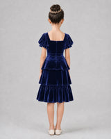 Royal blue velvet tiered ruffle girls formal dresses back view