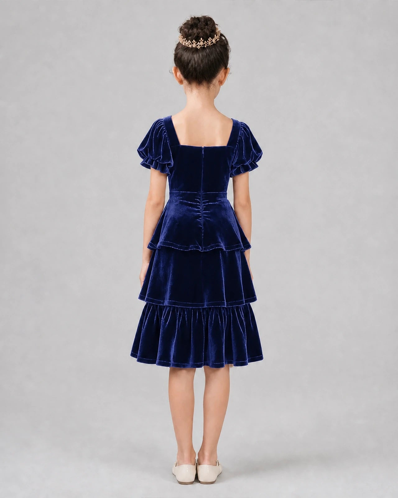 Royal blue velvet tiered ruffle girls formal dresses back view