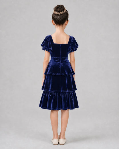 Royal blue velvet tiered ruffle girls formal dresses back view