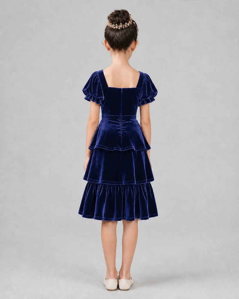 Royal blue velvet tiered ruffle girls formal dresses back view