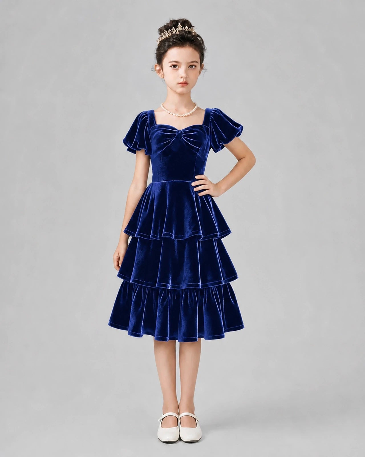 Royal Blue Velvet Tiered Girls Formal Dresses Front View