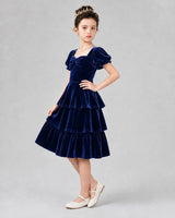 Royal Blue Velvet Tiered Girls Formal Dresses Side View