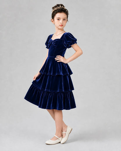 Royal Blue Velvet Tiered Girls Formal Dresses Side View