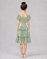 Sage green velvet tiered ruffle-sleeve girls formal dress, back view