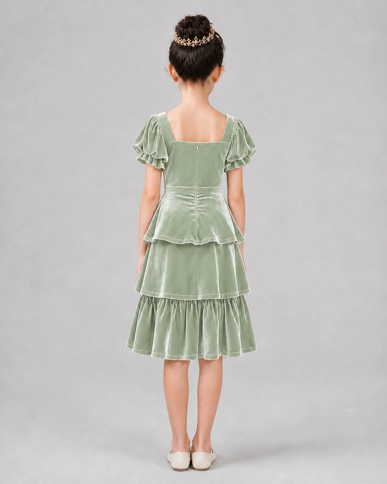 Sage green velvet tiered ruffle-sleeve girls formal dress, back view