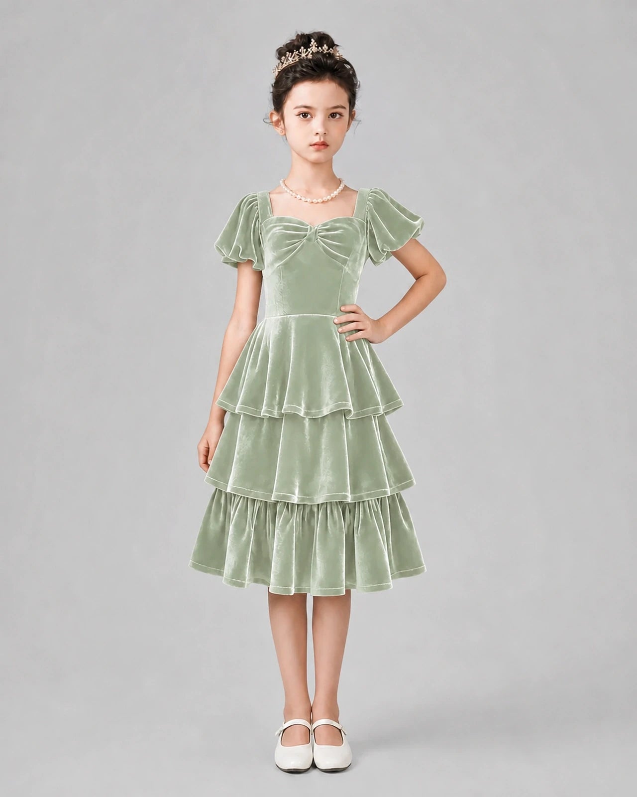 Sage Green Velvet Tiered A-Line Girls Formal Dresses Front View