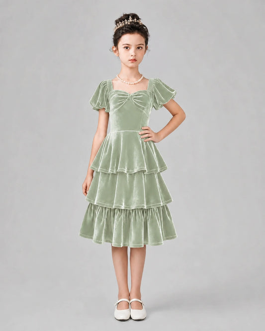 Sage Green Velvet Tiered A-Line Girls Formal Dresses Front View