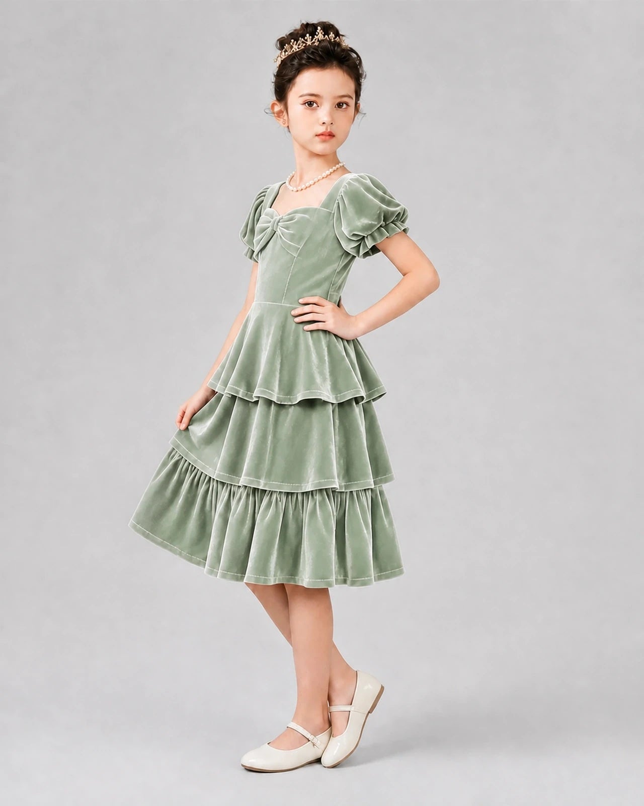 Sage Green Velvet Tiered Girls Formal Dresses Side View
