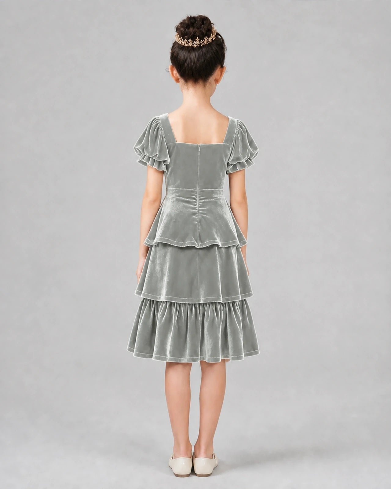 Silver velvet tiered short-sleeve girls formal dress, back view