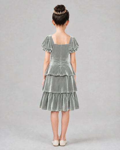 Silver velvet tiered short-sleeve girls formal dress, back view