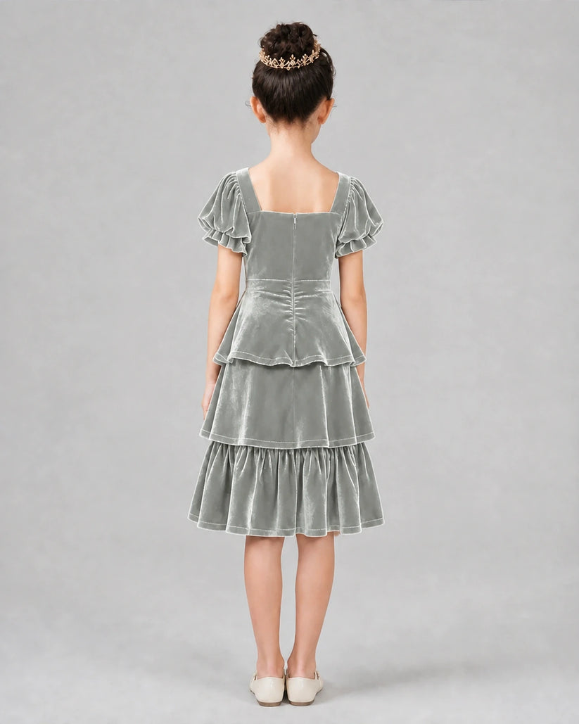 Silver velvet tiered short-sleeve girls formal dress, back view
