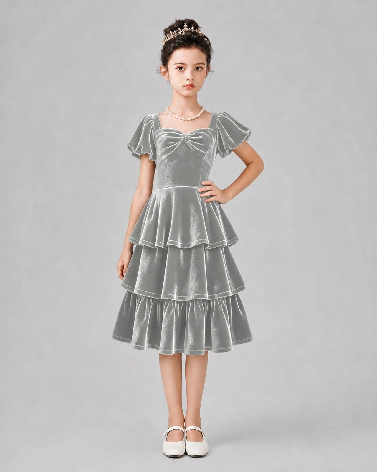 Silver Velvet Tiered A-Line Girls Formal Dresses Front View