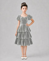 Silver Velvet Tiered A-Line Girls Formal Dresses Front View