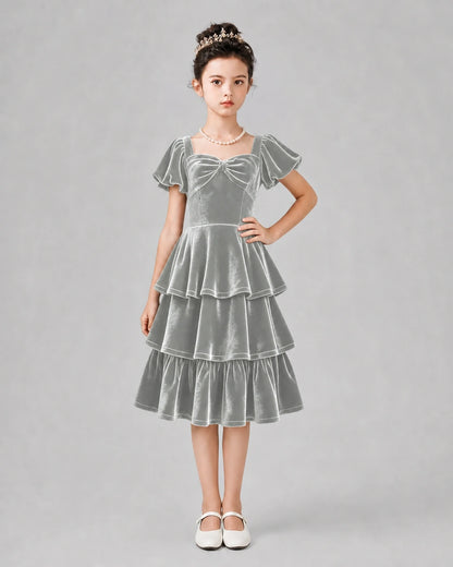 Silver Velvet Tiered A-Line Girls Formal Dresses Front View