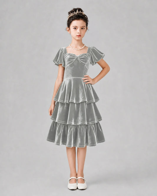 Silver Velvet Tiered A-Line Girls Formal Dresses Front View
