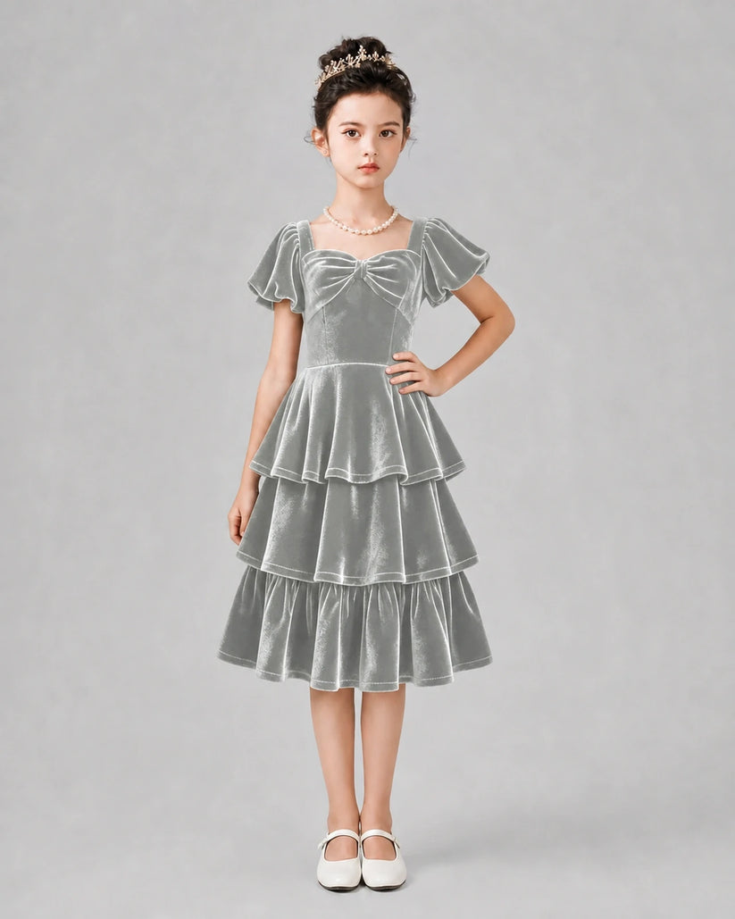 Silver Velvet Tiered A-Line Girls Formal Dresses Front View