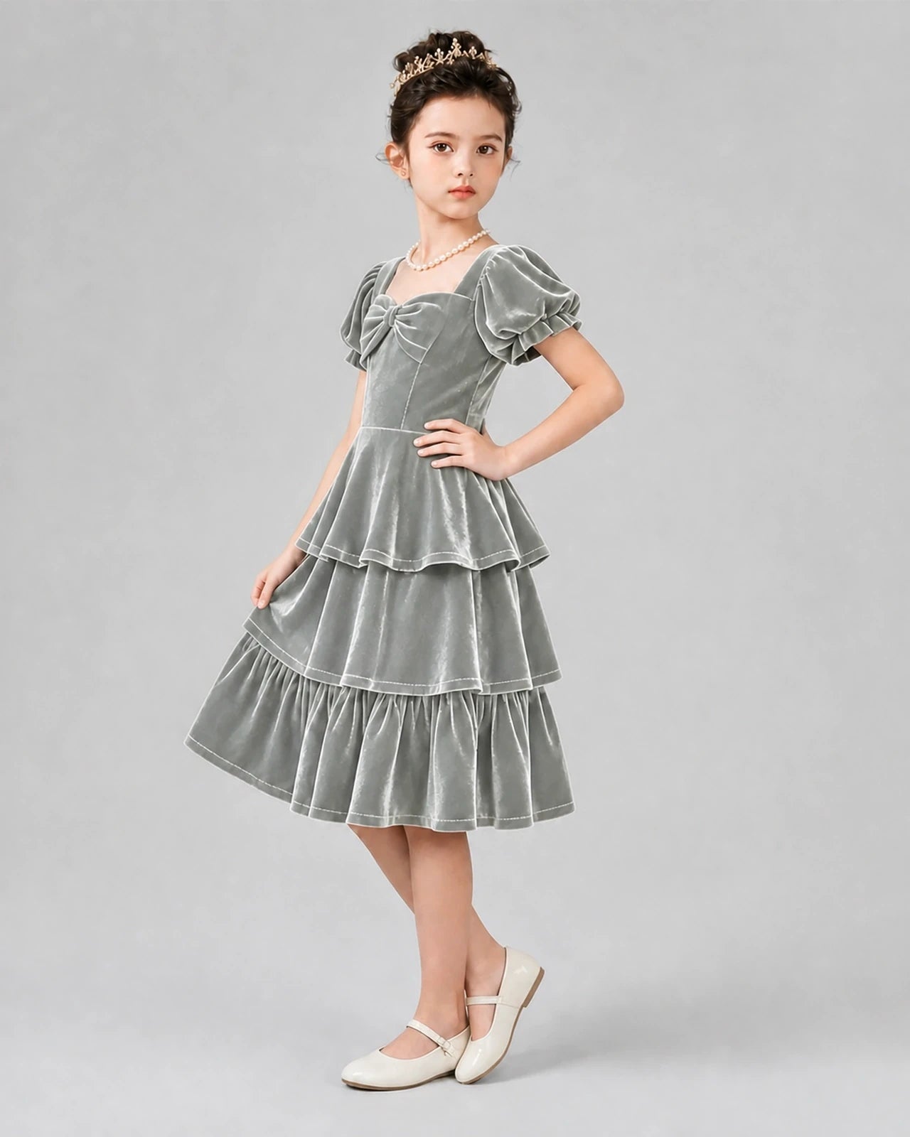 Silver Velvet Tiered Girls Formal Dresses Side View