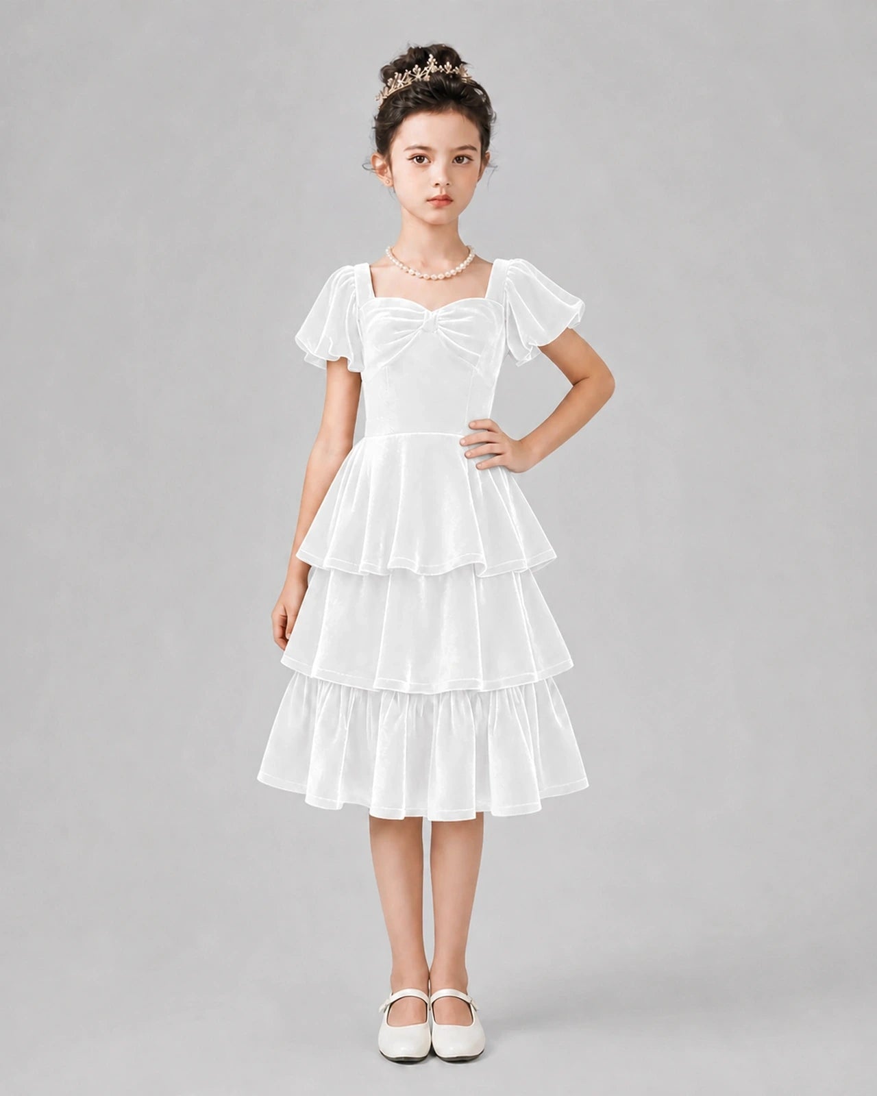 White velvet tiered midi girls formal dresses front view