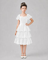 White velvet tiered midi girls formal dresses front view