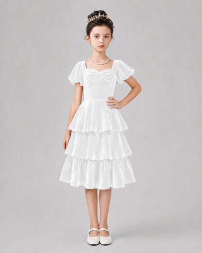 White velvet tiered midi girls formal dresses front view