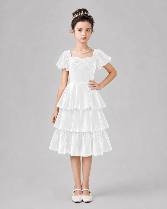 White velvet tiered midi girls formal dresses front view