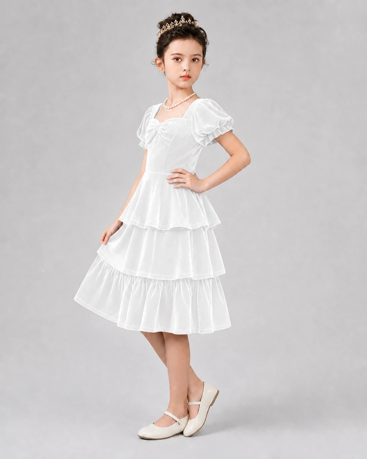 White velvet tiered tiered a-line girls formal dresses Side View