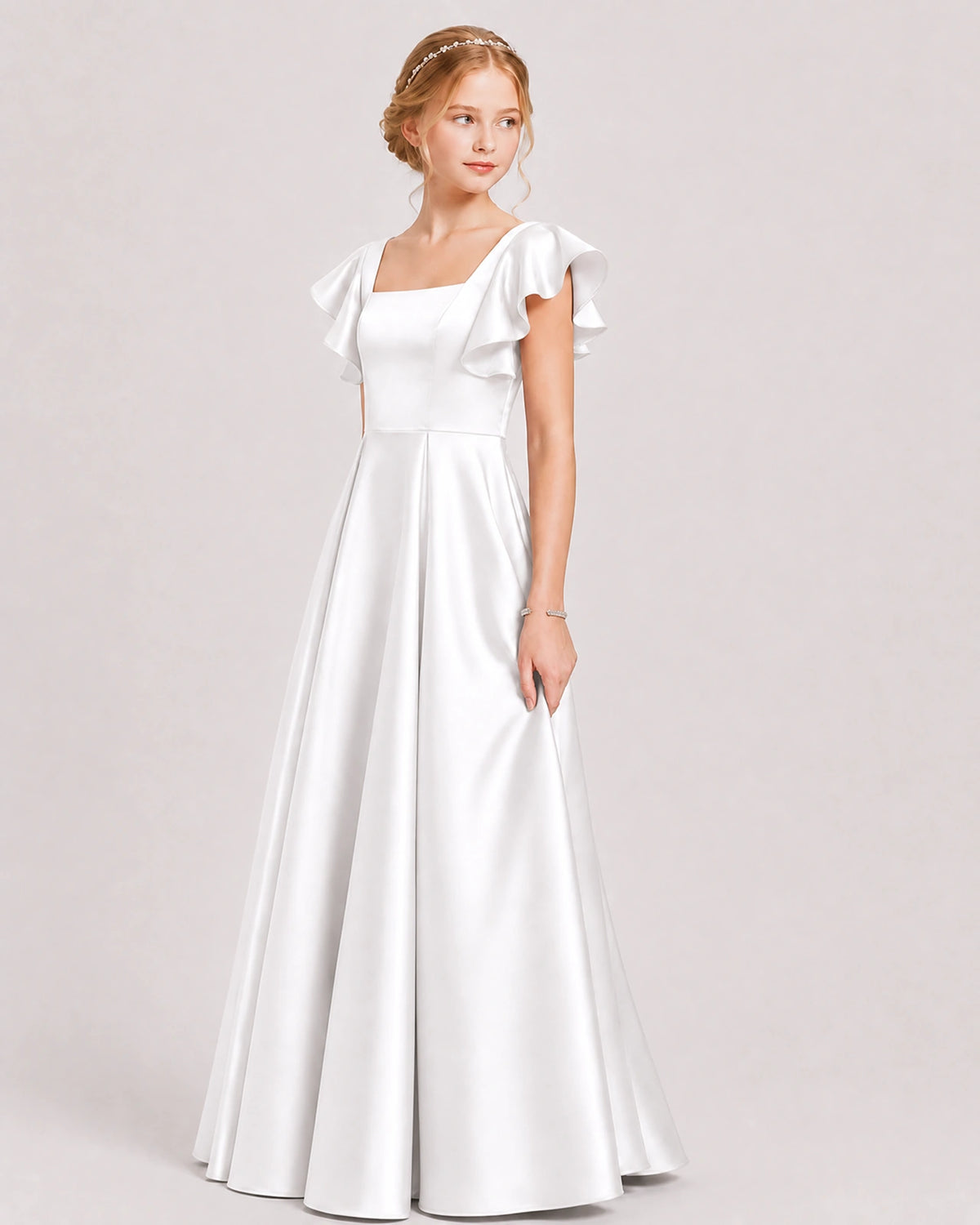 Ivory Satin A-line Junior Bridesmaid Dress Side View