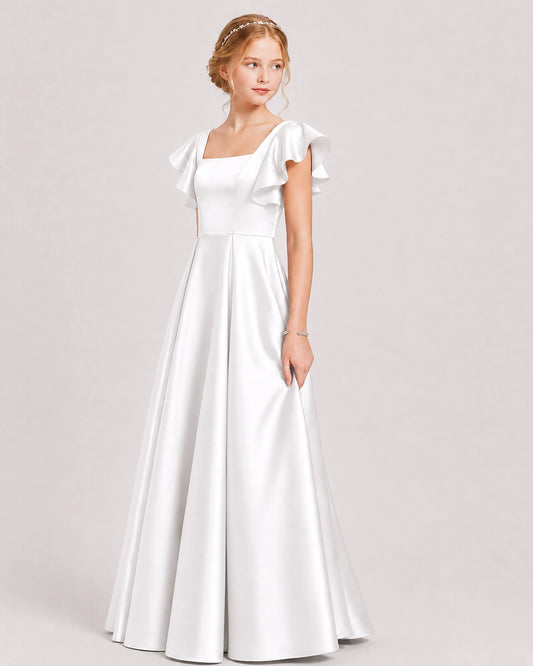 Ivory Satin A-line Junior Bridesmaid Dress Side View