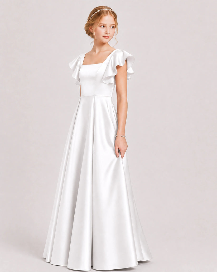 Ivory Satin A-line Junior Bridesmaid Dress Side View