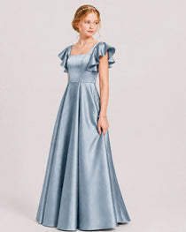 Dideyttawl Sage Green Junior Bridesmaid Satin Dress Ruffle Sleeve Ball Gown