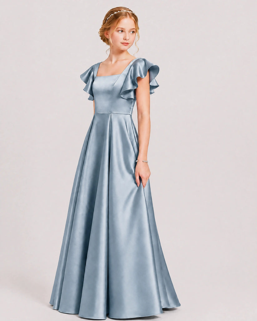 Dusty Blue Satin A-line Junior Bridesmaid Dress Front View