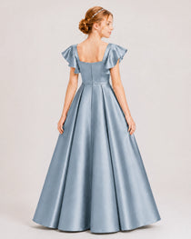 Dideyttawl Sage Green Junior Bridesmaid Satin Dress Ruffle Sleeve Ball Gown