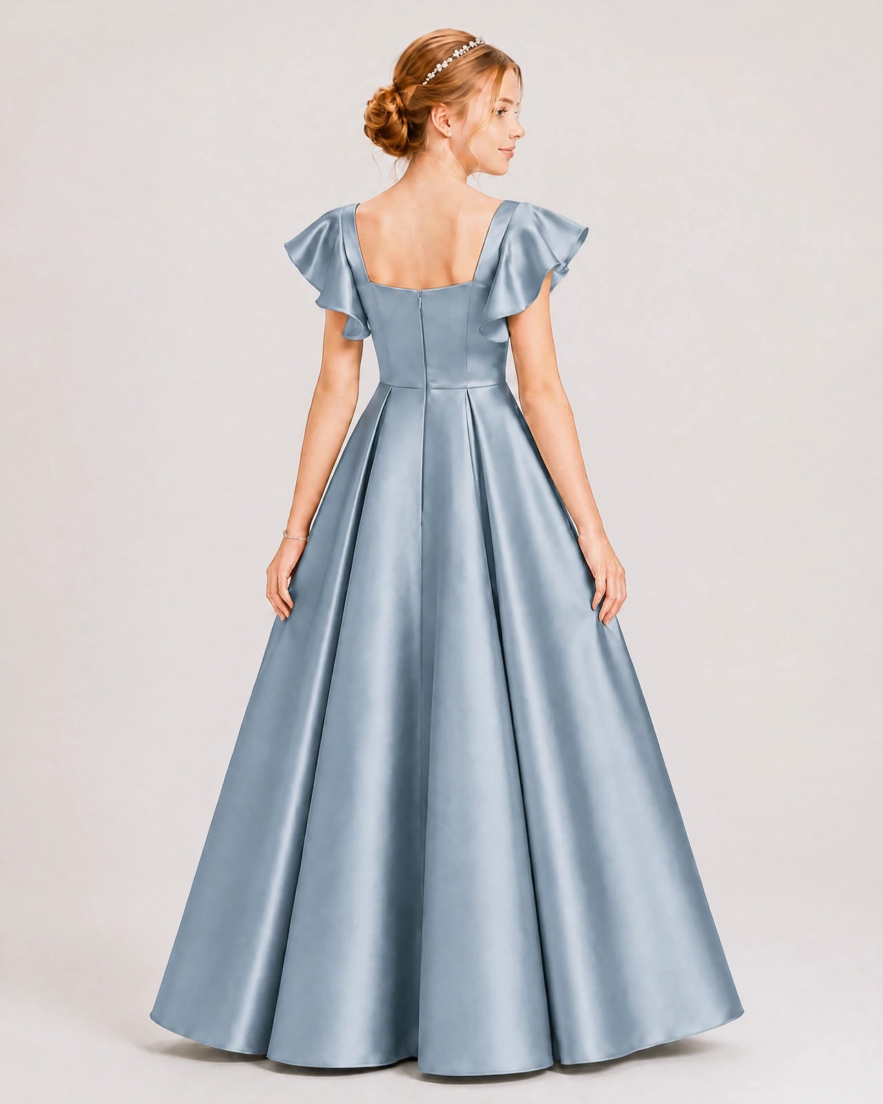 Dideyttawl Sage Green Junior Bridesmaid Satin Dress Ruffle Sleeve Ball Gown