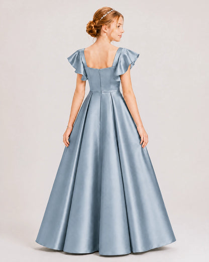 Dideyttawl Sage Green Junior Bridesmaid Satin Dress Ruffle Sleeve Ball Gown
