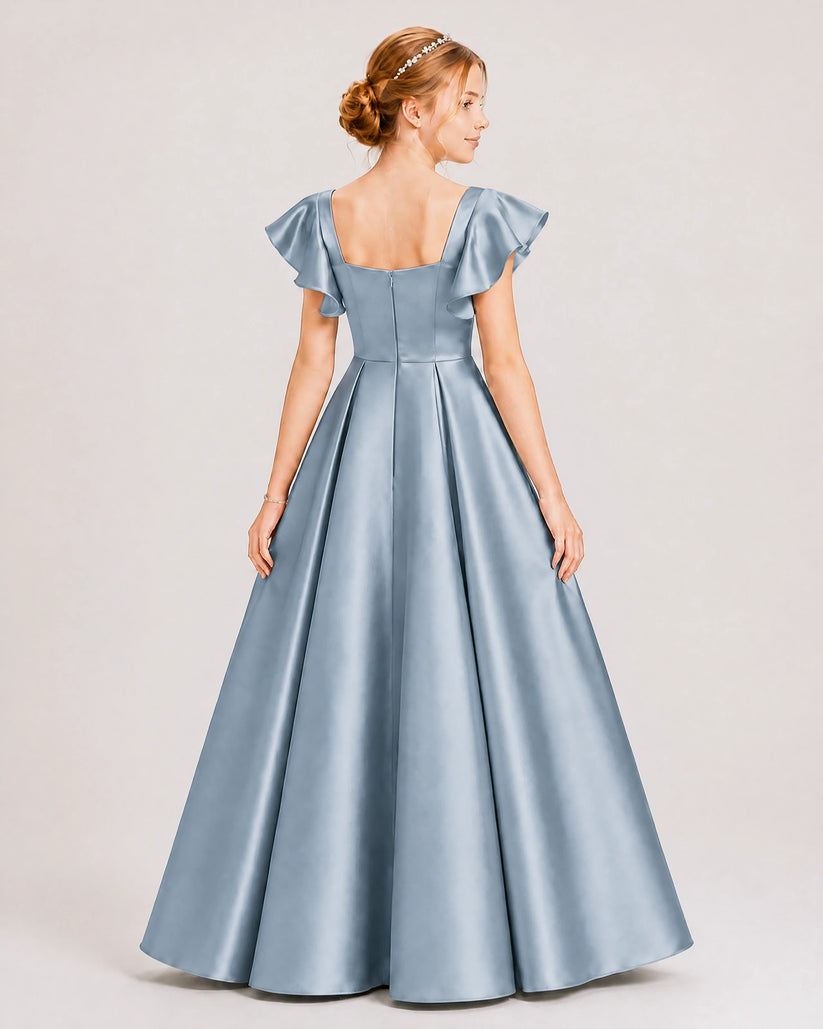 Dusty Blue Satin A-line Junior Bridesmaid Dress Back View