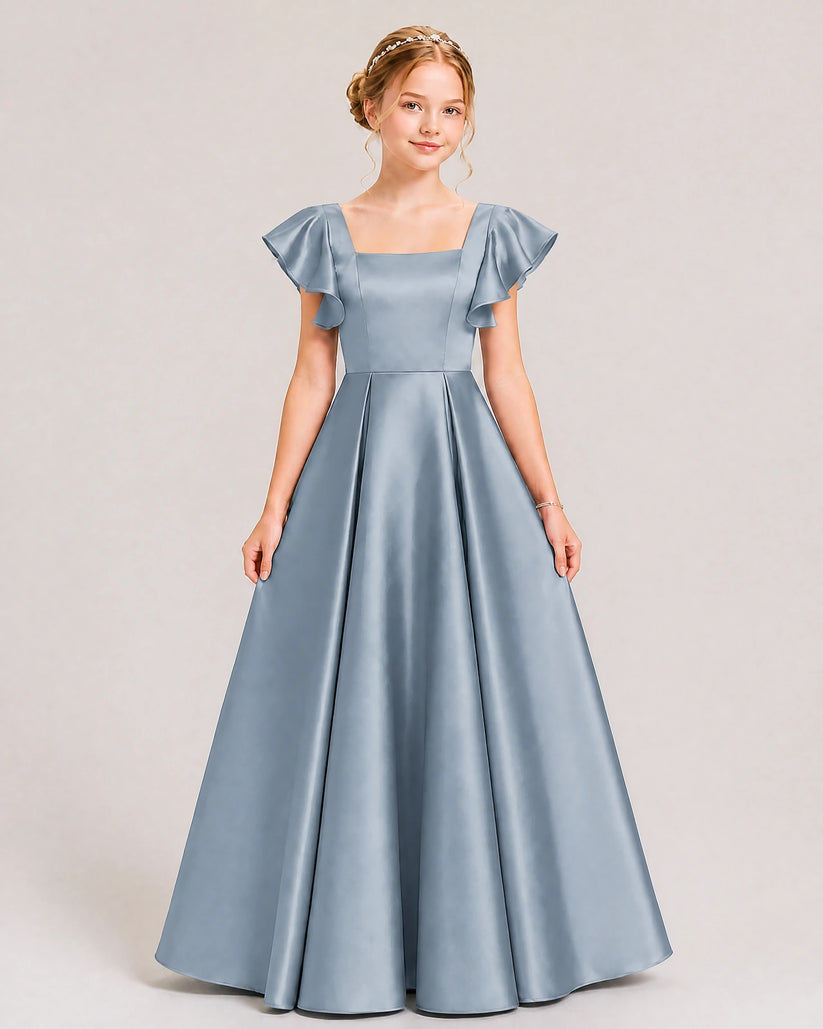 Dusty Blue Satin A-line Junior Bridesmaid Dress Front View