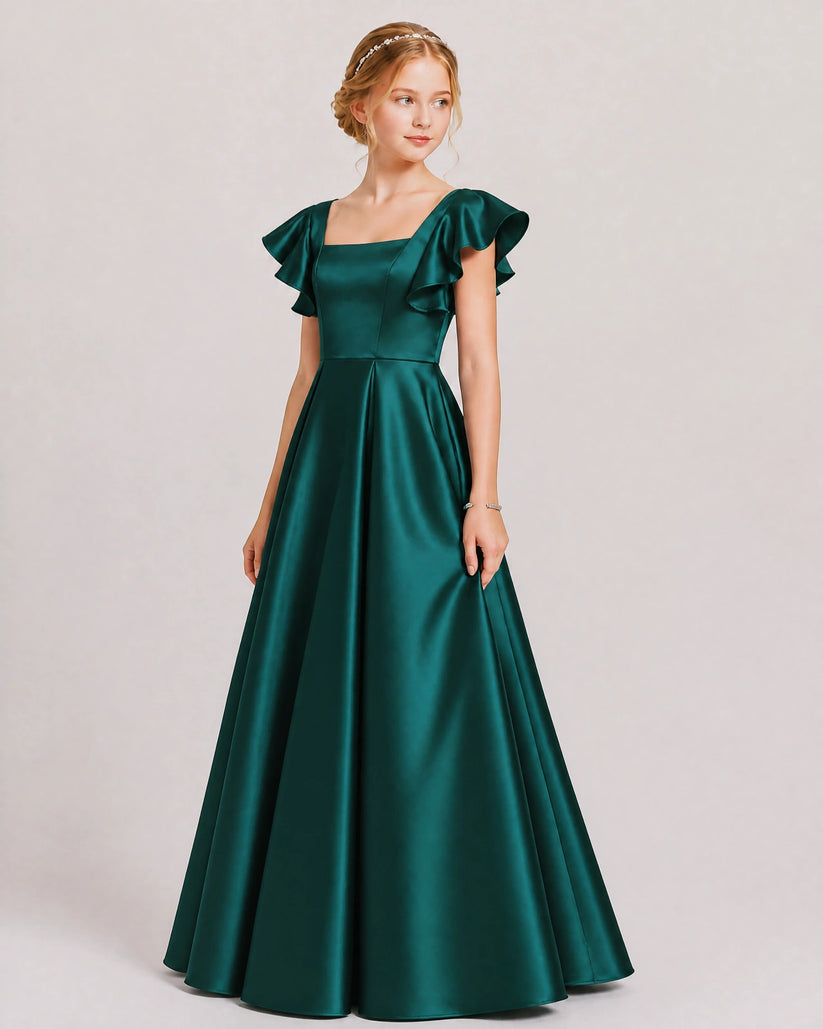 Emerald Green Satin A-line Junior Bridesmaid Dress Front View