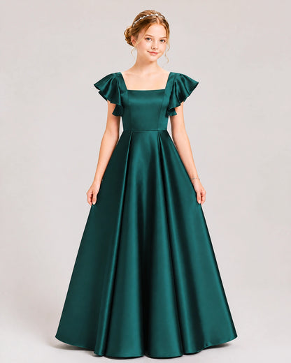 Dideyttawl Sage Green Junior Bridesmaid Satin Dress Ruffle Sleeve Ball Gown