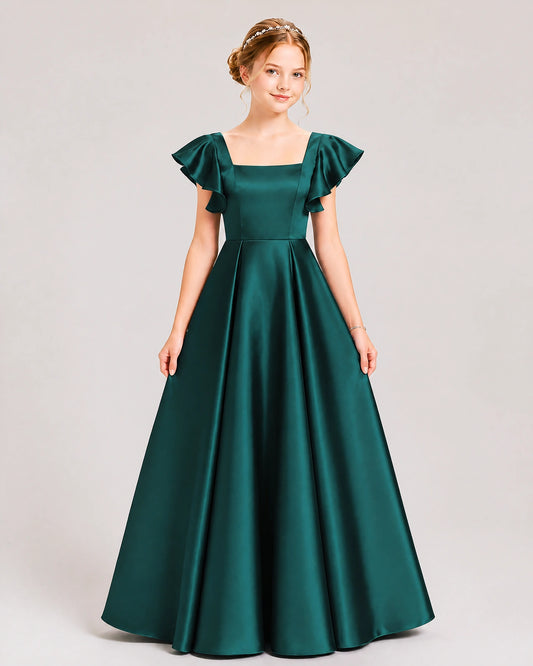 Emerald Green Satin A-line Junior Bridesmaid Dress Front View