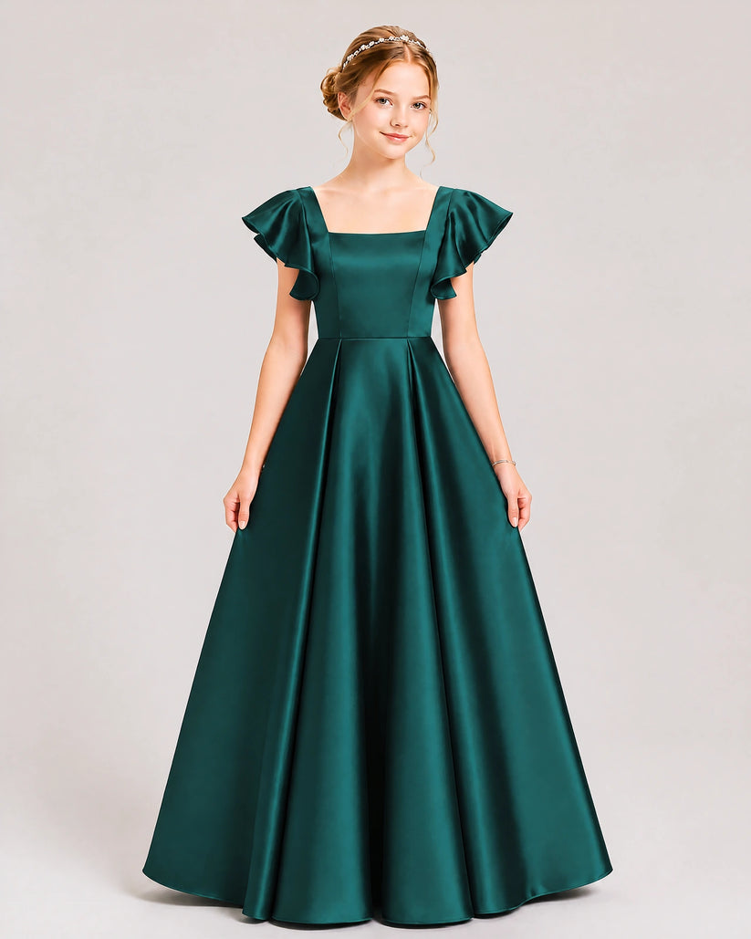 Emerald Green Satin A-line Junior Bridesmaid Dress Front View