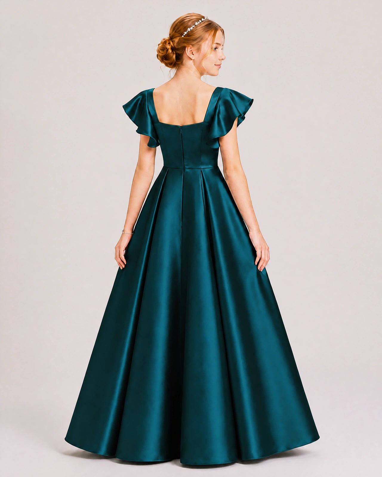 Dideyttawl Sage Green Junior Bridesmaid Satin Dress Ruffle Sleeve Ball Gown
