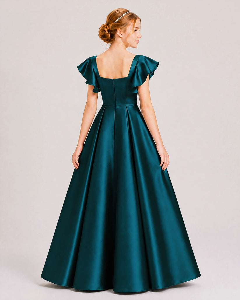 Emerald Green Satin A-line Junior Bridesmaid Dress Back View