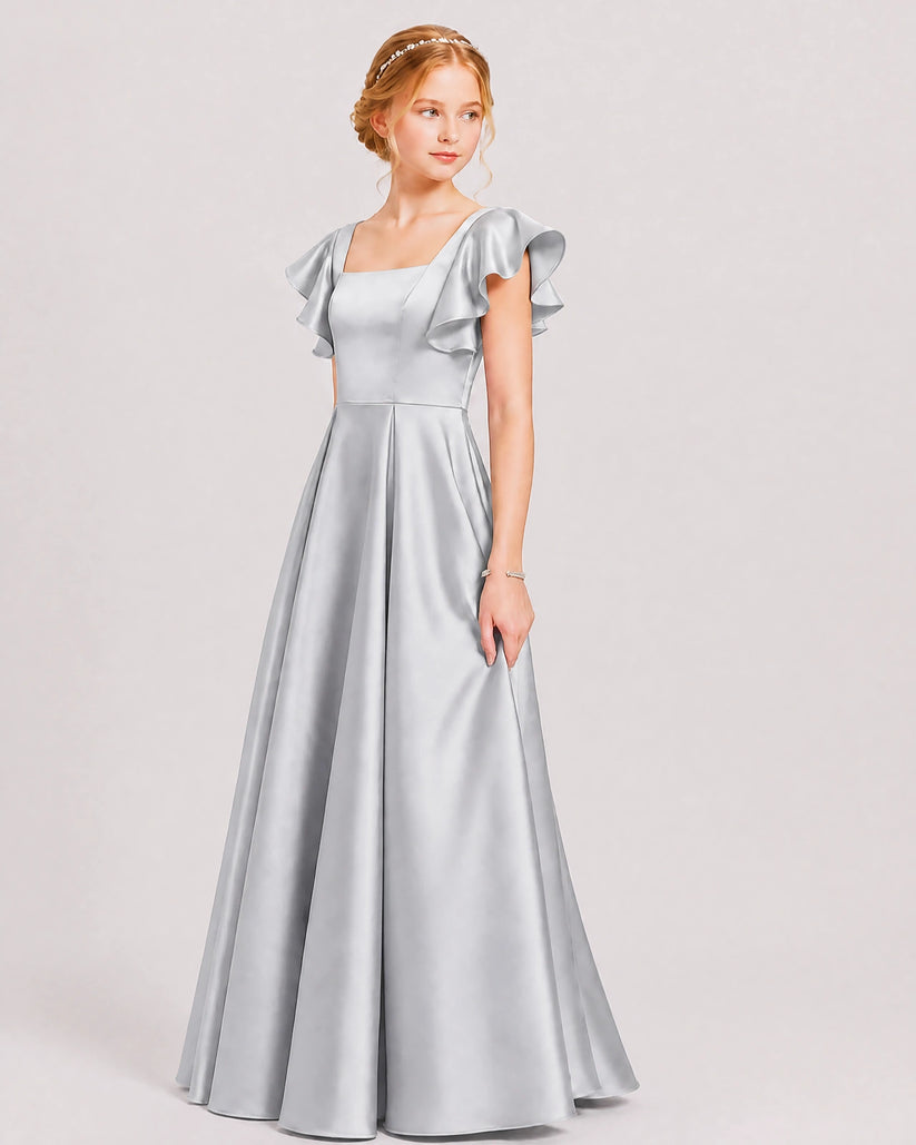 Silver Satin A-line Junior Bridesmaid Dress Front View