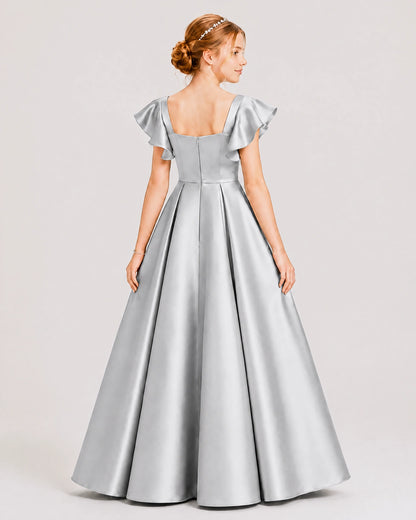 Dideyttawl Sage Green Junior Bridesmaid Satin Dress Ruffle Sleeve Ball Gown